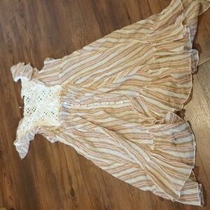 Brandless Striped Eyelet Lace Sheer Ruffle Flowy Boho Dress A27